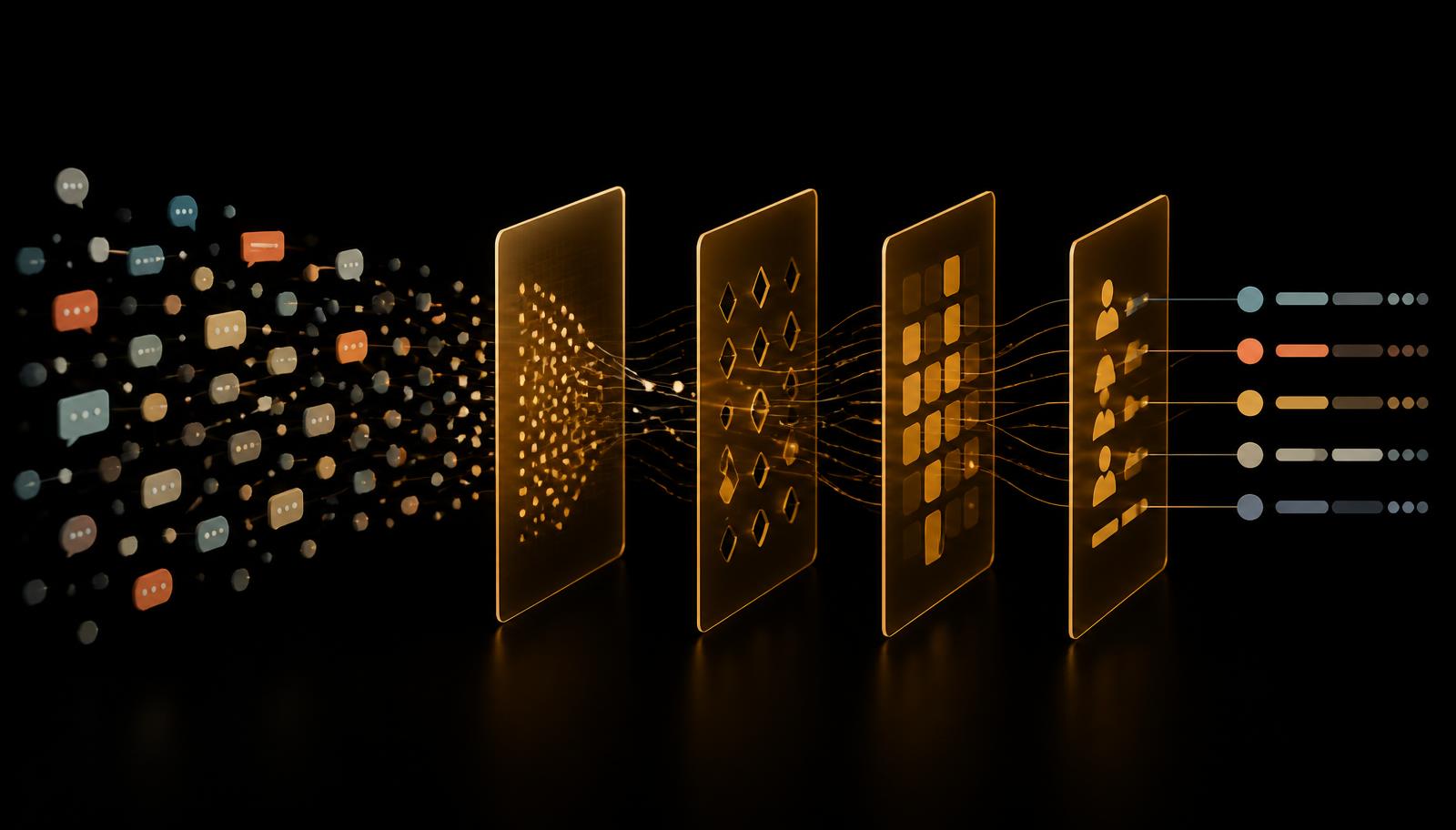 Raw text messages flowing through four amber filter panels and emerging as clean labelled records, depicting an NLP annotation pipeline