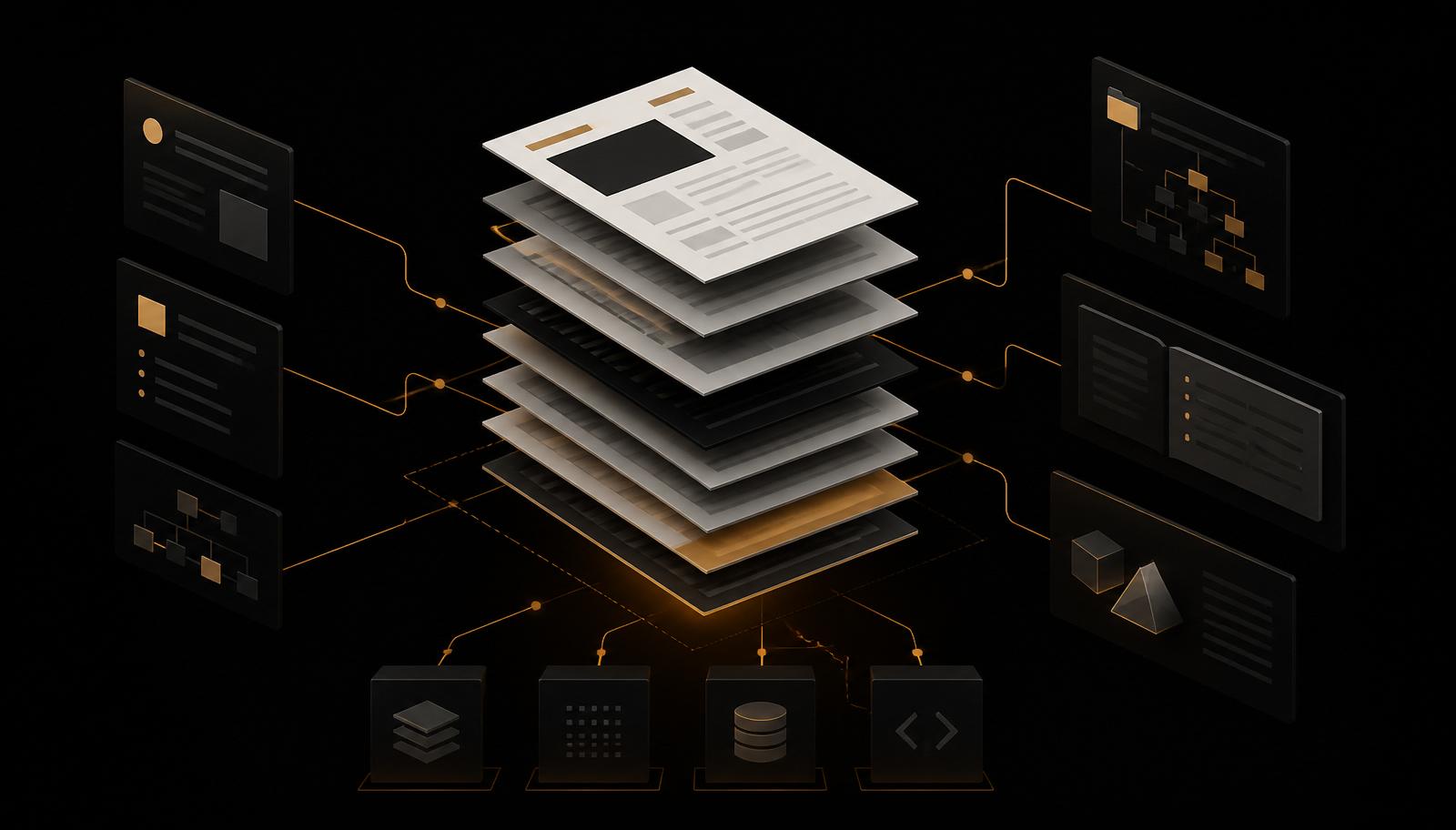 Stacked documentation pages linked by amber connector lines to reference, tutorial and API panels, showing a restructured docs library