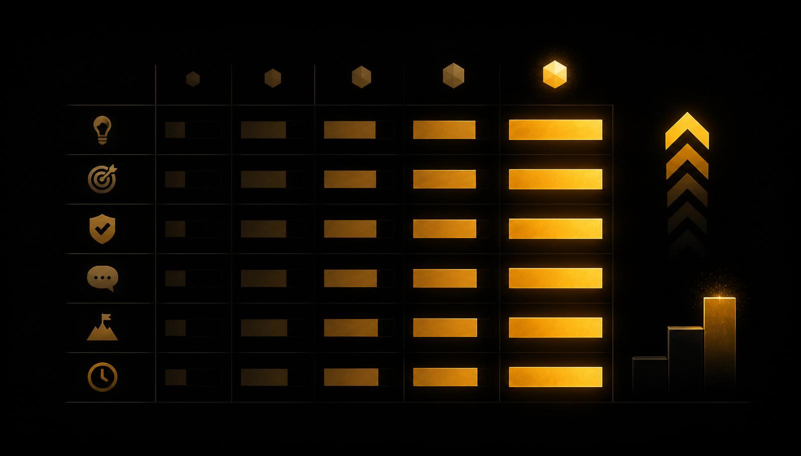 Grid of amber scoring bars across weighted rubric dimensions, representing a framework for ranking AI-generated content quality