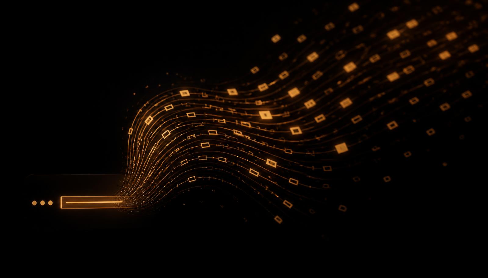 Amber-lit streams of generated text tokens flowing out of a dark terminal window, illustrating a fine-tuned GPT-2 model producing long-form text